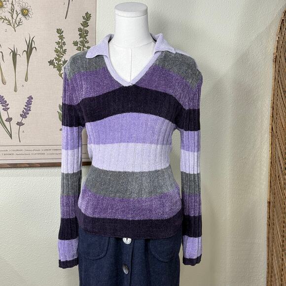 Vintage 90s Y2k Collared Chenille Striped Sweater Whimsy Twee Whimsigoth Retro L - Picture 2 of 8